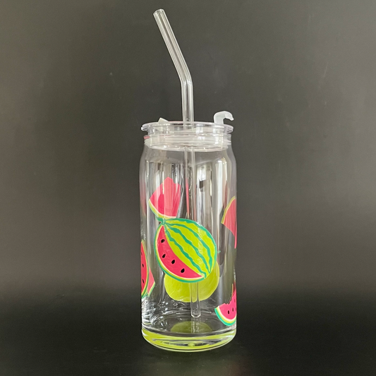 Sweet Slice, Hand-painted Glass Tumbler [includes sip/straw lid & glass straw]